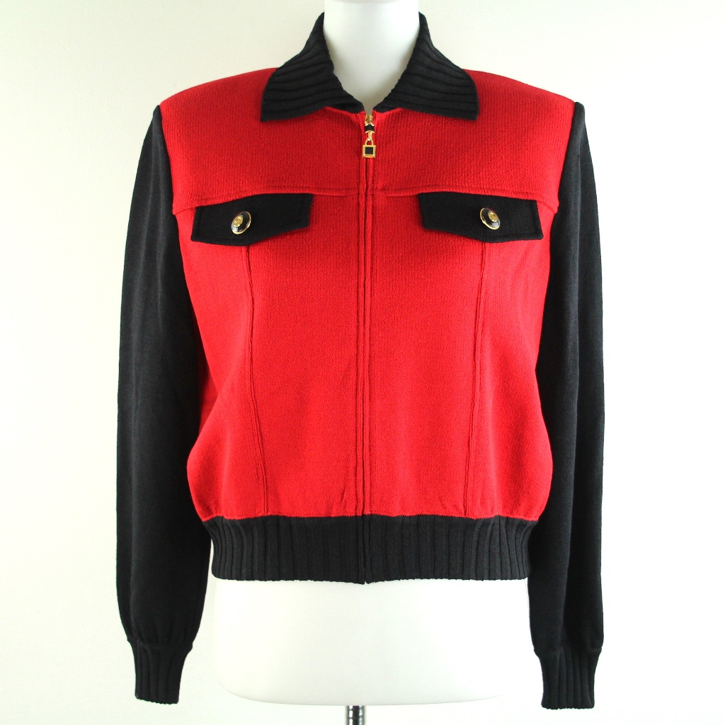 St. John Collection Santana Knit Red Black Zip-Up Front Jacket P Petite